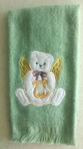 NOS Mint Green Machine Embroidered Finger Towel-Bear Angel with Wings & Harp - Picture 1 of 3