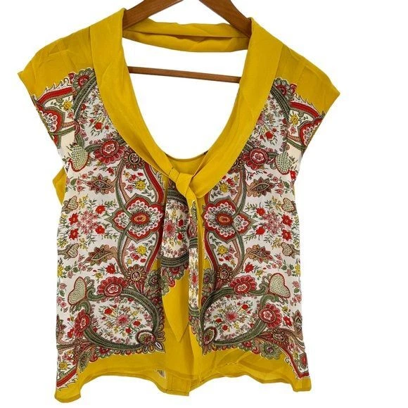 Maeve Anthropologie Top Silk V-Neck Open Button Back Yellow Boho Summer Size 4 - Image 1 of 4