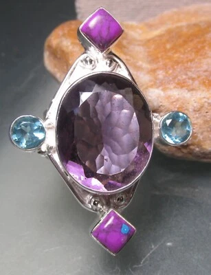 925 silver 16gr huge cut amethyst lab spinel cocktail ring UK T½/US 9.75 - Image 1 of 4
