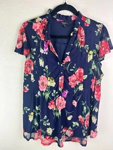 Cocomo Plus 2X dunkelblau Blumen Bluse Rüschen Ausschnitt Knopfleiste Kurzarm Oberteil - Bild 1 von 6