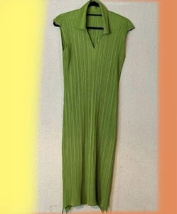 ISSEY MIYAKE PLEATS PLEASE Sleeveless collared slit dress size 2 green GOOD - Picture 1 of 3