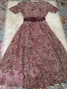 Vintage 90s Liz Claiborne Belted MIDI Dress Sz 4 Burgundy Floral Boho Classic - Picture 1 of 8