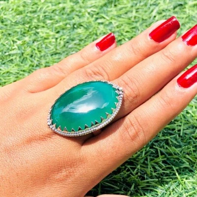 Gradevole Verde Onice Gemma 925 Argento Sterling Mano Anello Tutti Misura B-18 - Immagine 1 di 4