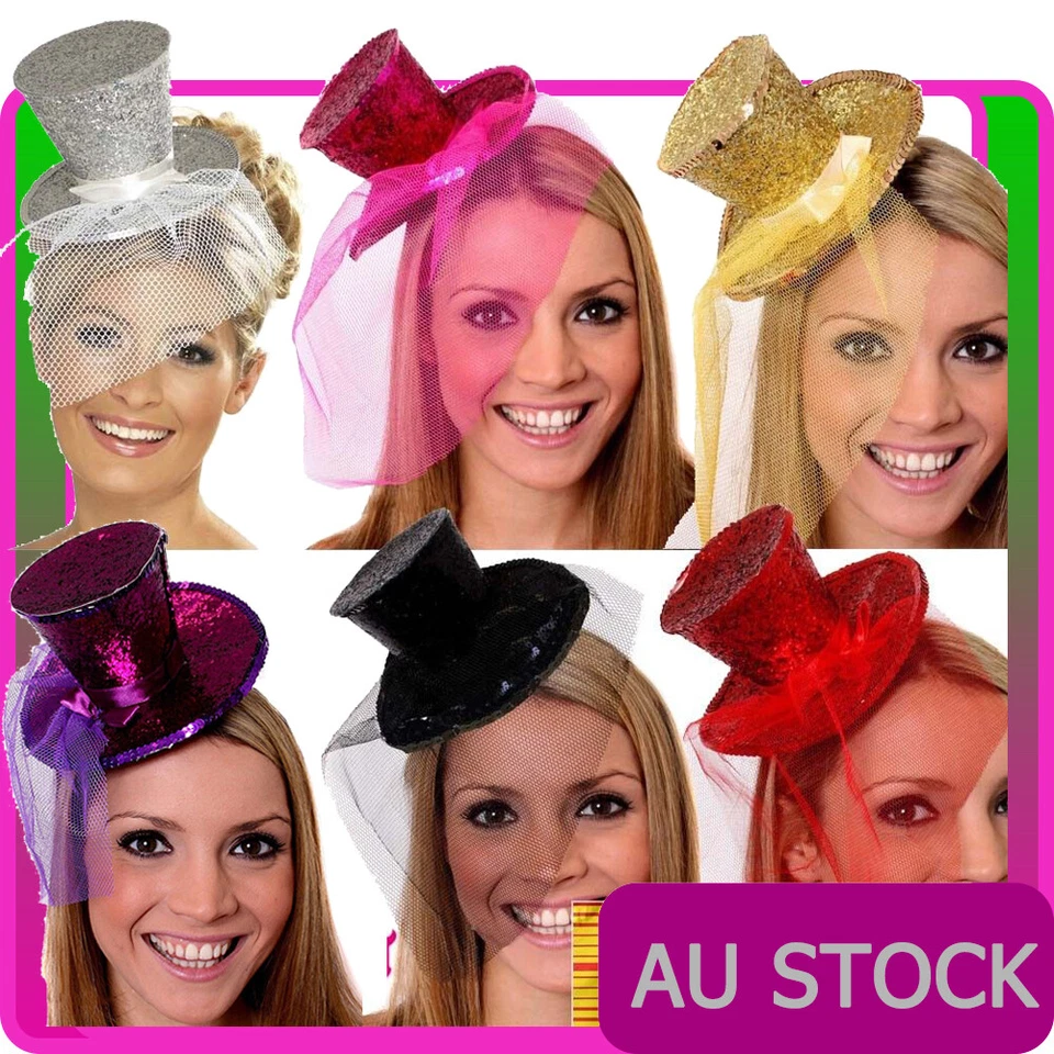Ladies Fever Mini Glitter Top Hat On Headband Black Silver Pink Gold Red Purple - image 1 of 4