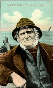 1910er MA Postkarte alter Seemann trifft mich am Cape Cod Massenfischer unbespielt - Bild 1 von 2