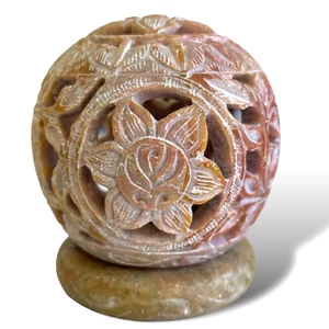Soapstone Burner for Cones Incense & Candle Lotus Flower Carved T-Lite Ball 4” - Picture 1 of 7