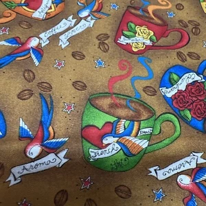 Coffee Cup Stripes by Lorilynn Simms on HEAVY Weave Cotton Fabric 1 yard - Picture 1 of 6