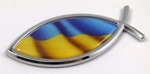 Ukraine Jesus Fish Ukrainian Flag Car bike Chrome Emblem Decal Sticke Christian - Imagen 1 de 2