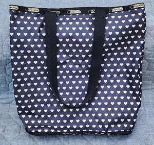 LeSportsac 3-Compartment Tote Bag Purse - Heart Print in Black/Off-White - Picture 1 of 9