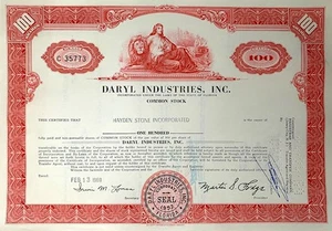 Vintage Stock Certificate 1969 Daryl Industries - Greek Woman & Lion Art Used - Picture 1 of 1