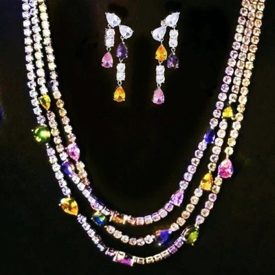 18k White Gold Plated Multicolor Three Layer Jewelry Set Lab-Created Swarovski - Image 1 of 3
