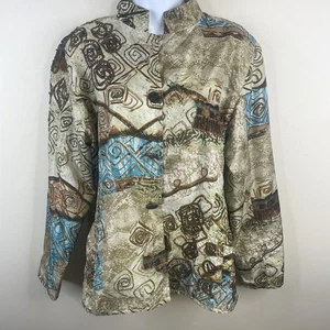 Chico's Silk Jacket Womens 2 Large Beige Art To Wear Geometric Travel Button Up - Picture 1 of 9