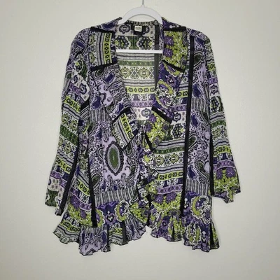 Vintage y2k green purple semi sheer bright artsy ruffle maximalist blouse 22/24 - Image 1 of 4