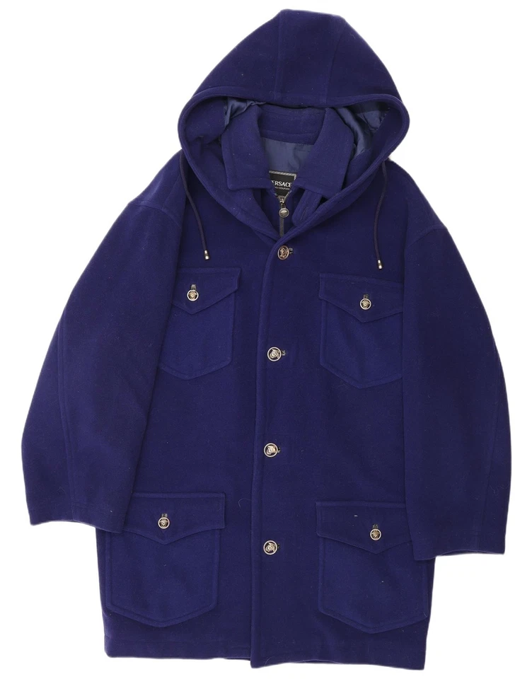 VERSACE Mens Hooded Duffle Coat UK 38 Medium Blue Wool Designer TT03 - Image 1 of 4