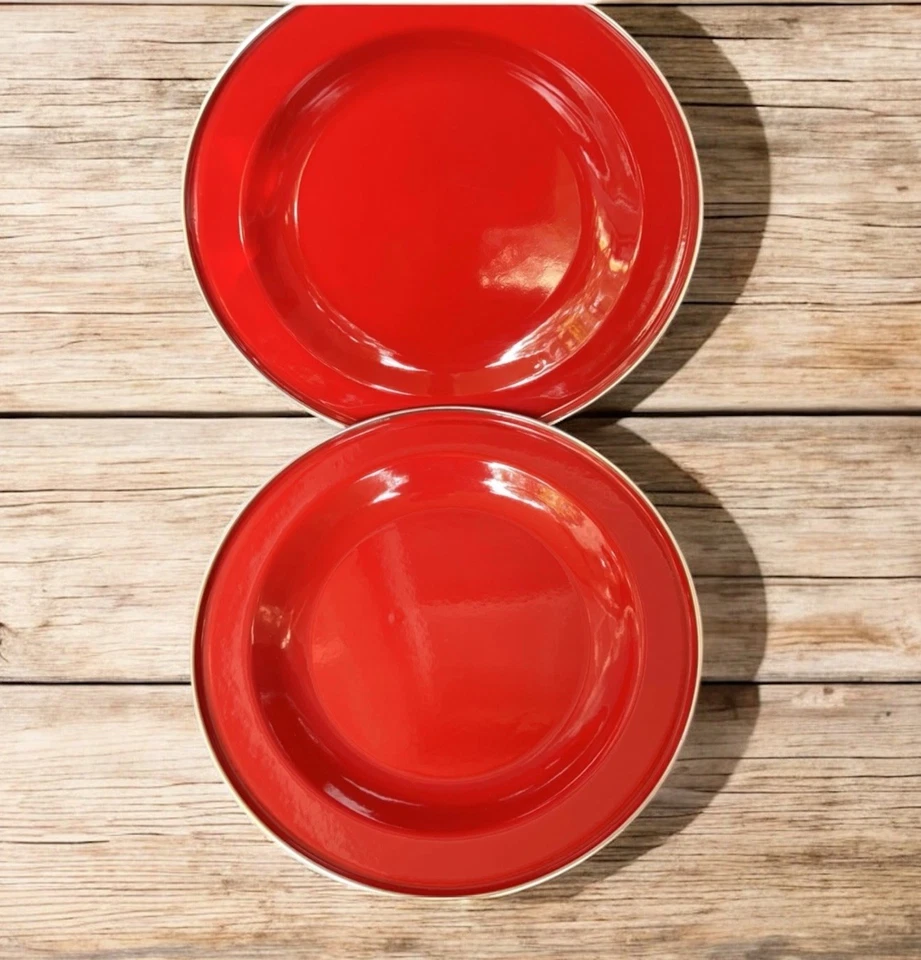 Discontinued Pottery Barn Enamelware Plates Red 10” Set of 2 Metal Partyware NOS - Image 1 of 4