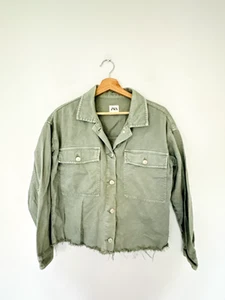 Zara Shacket Size XS Green Denim Distressed Raw Boyfriend Shirt Jacket - Picture 1 of 6