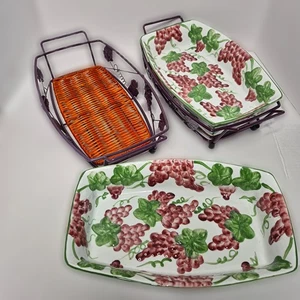 Temp-tations Tara Grapes Set of 1Qt Casserole Dishes w/ Metal Racks & Wicker... - Picture 1 of 10