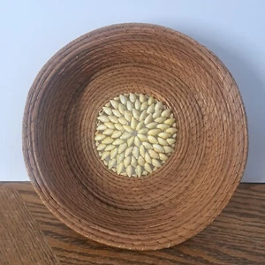 Basket Bowl Handcrafted  With Sea Shell Design In Center 9 3/4'' x 2 1/4'' - Picture 1 of 7