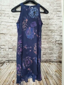 Womens Dress Sleeveless Lined Blue Floral Shift High Low Hem Katherine Barclay - Picture 1 of 3