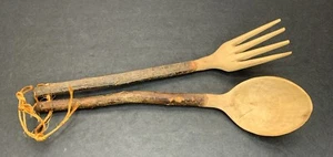Hand Carved Wooden Fork & Spoon Stick Handle Rustic Wall Hanging Kitchen Decor - Picture 1 of 8