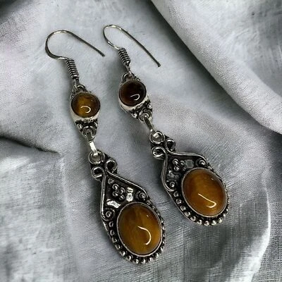 NWOT Handmade Women Brown Tiger Eye Gemstone Drop Dangle Earrings Jewelry India - Image 1 of 4