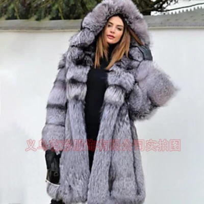 Occident American Style Winter Womens Faux Fox Fur Coat Mid Long Overcoat Hooded - Image 1 of 4