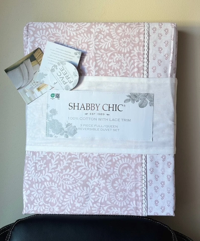 Juego de edredón Shabby Chic algodón encaje ribete completo reina reversible 3 piezas - blanco y rosa Foto 1 de 4