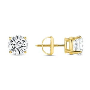 4 Ct Round Real 14K Yellow Gold Created Diamond Earrings Studs Basket ScrewBack - Picture 1 of 3