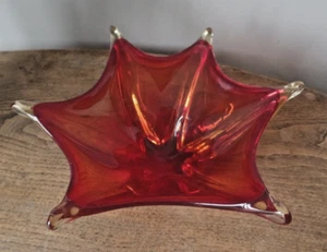 VINTAGE MURANO CRISTALLO VENEZIA RED & AMBER SOMMERSO GLASS BOWL 1960'S MCM - Picture 1 of 6