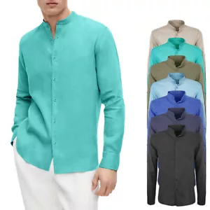 Camicia Uomo Di Lino Casual SlimFit Manica Lunga Collo Coreana Celeste Blu Veque - Foto 1 di 53