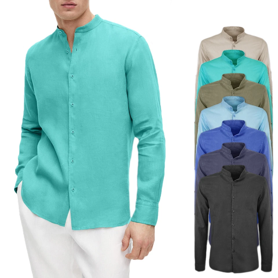 Camicia Uomo Di Lino Casual SlimFit Manica Lunga Collo Coreana Celeste Blu Veque - Immagine 1 di 4