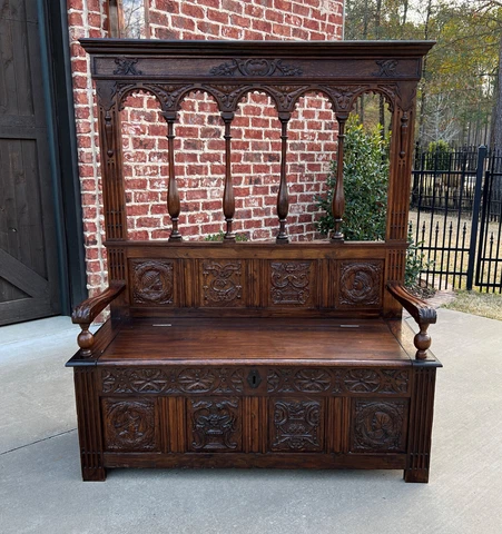 Antique French Bench Chair Settee Hall Bench Banquette Renaissance Revival Oak Cover