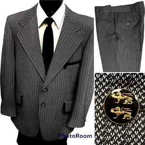 Vtg 70's MoD Black STATIC Belted Back VELVET Trim Gold DRAGON Btn Disco Suit 42R - Picture 1 of 12