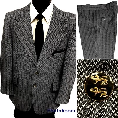 Vtg 70's MoD Black STATIC Belted Back VELVET Trim Gold DRAGON Btn Disco Suit 42R - Image 1 of 4