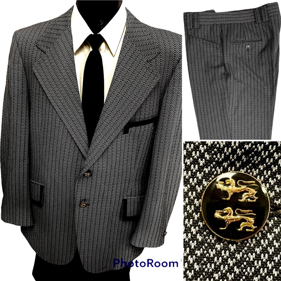 Traje de Discoteca 42R De Colección Años 70 MoD Negro ESTÁTICO Espalda Cinturón Borde Terciopelo Dorado DRAGÓN Btn Foto 1 de 4