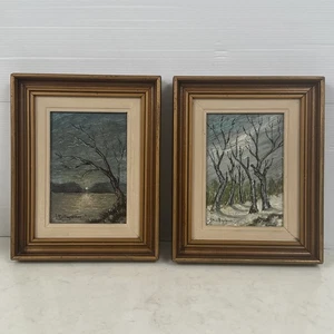 Oil Paintings Winter Wood & Moonlit Lake Signed Artist Unknown Pair Vintage 80’s - Picture 1 of 13