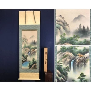 Japanese Hanging Scroll “Colorful Landscape with Waterfall” Silk Sansui-zu - Picture 1 of 10