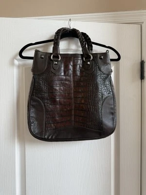 Precioso bolso de mano Falor italiano marrón verde detalles de cuero con tachuelas de cocodrilo en relieve Foto 1 de 4