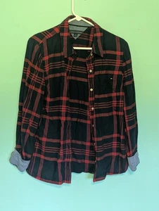 Tommy Hilfiger Shirt Womens Size Large Red Black Plaid Button Up Long Sleeve - Picture 1 of 9