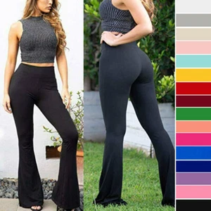 Women Flared Leg Stretch Pants Bell Bottoms Mid Rise Lounge Yoga Solid Colors @ - Picture 1 of 23