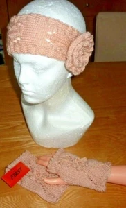 SET: STIRNBAND; abnehmbare CORSAGE, FINGERLOSE HANDSCHUHE: handgestrickt - Bild 1 von 6