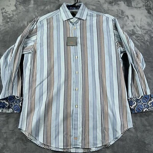 Thomas Dean Shirt Mens Large Blue Striped Flip Cuff Long Sleeve Button Up Casual - Picture 1 of 10