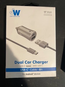 Just Wireless Dual Car Charger USB & USB-C Port - 6 Foot USB C Cable - M-1 - Picture 1 of 1