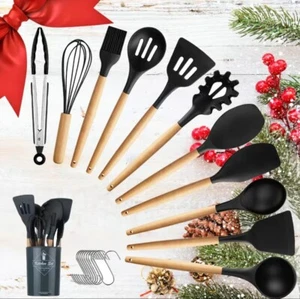 Silicone Cooking Utensils 22pcs Kitchen Utensil Set, Wooden Handle Nontoxic BPA - Picture 1 of 9