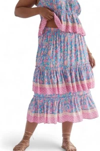 Anthropologie Sz 16-18 Midi Skirt Plenty by Tracy Reese Pink Floral Tiered Large - Picture 1 of 16