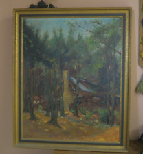 Vintage Signed Guntrum Oil on Canvas Painting 24"x30" Log Cabin Forest Framed