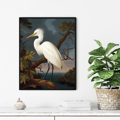 Pôster com estampa de arte vintage Egret Bird pintura de arte de parede - Imagem 1 de 4