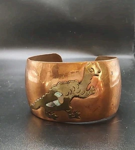 Rare Vintage Mexican Copper Brass And Abalone Dinosaur Prehistoric Cuff Bracelet - Picture 1 of 6