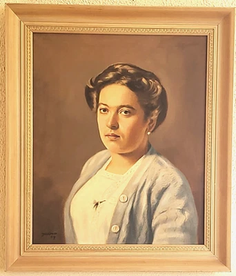 Pintura de retrato vintage 29x25" emoldurada MCM 1964 mulher Jerrold Belas Artes Chicago - Imagem 1 de 4