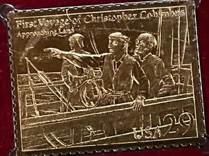 FIRST VOYAGE OF COLUMBUS APPROACHING LAND 22KT GOLD/ ACTUAL POSTAL STAMP 1992 - Picture 1 of 24